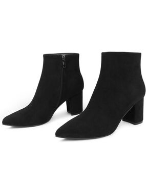 Women's Black Suede Pointed Toe Chunky Block Heel Casual Fashion Ankle Boot